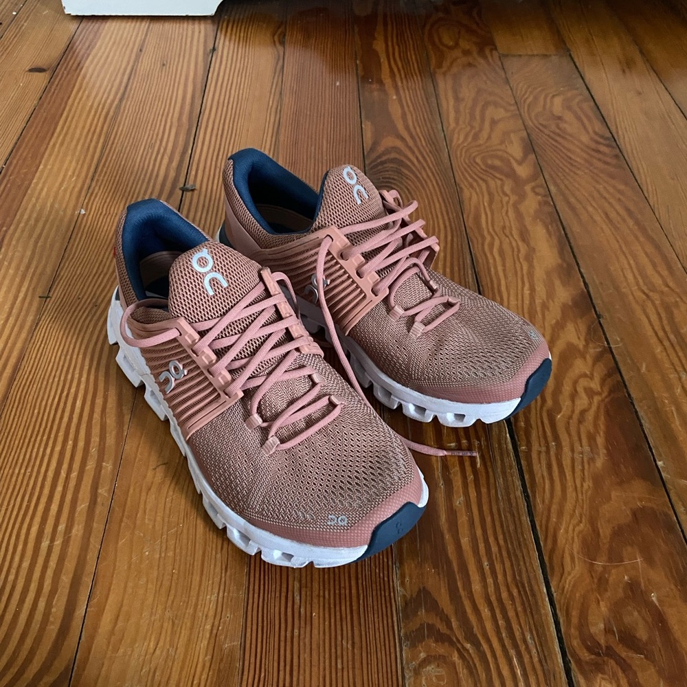 On Running Pink Athletic Shoes with Breathable Mesh and Thick Rubber Sole
